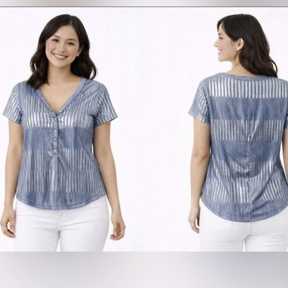 Anthropologie Pilcro Blue Metallic Henley Top NEW Size XL